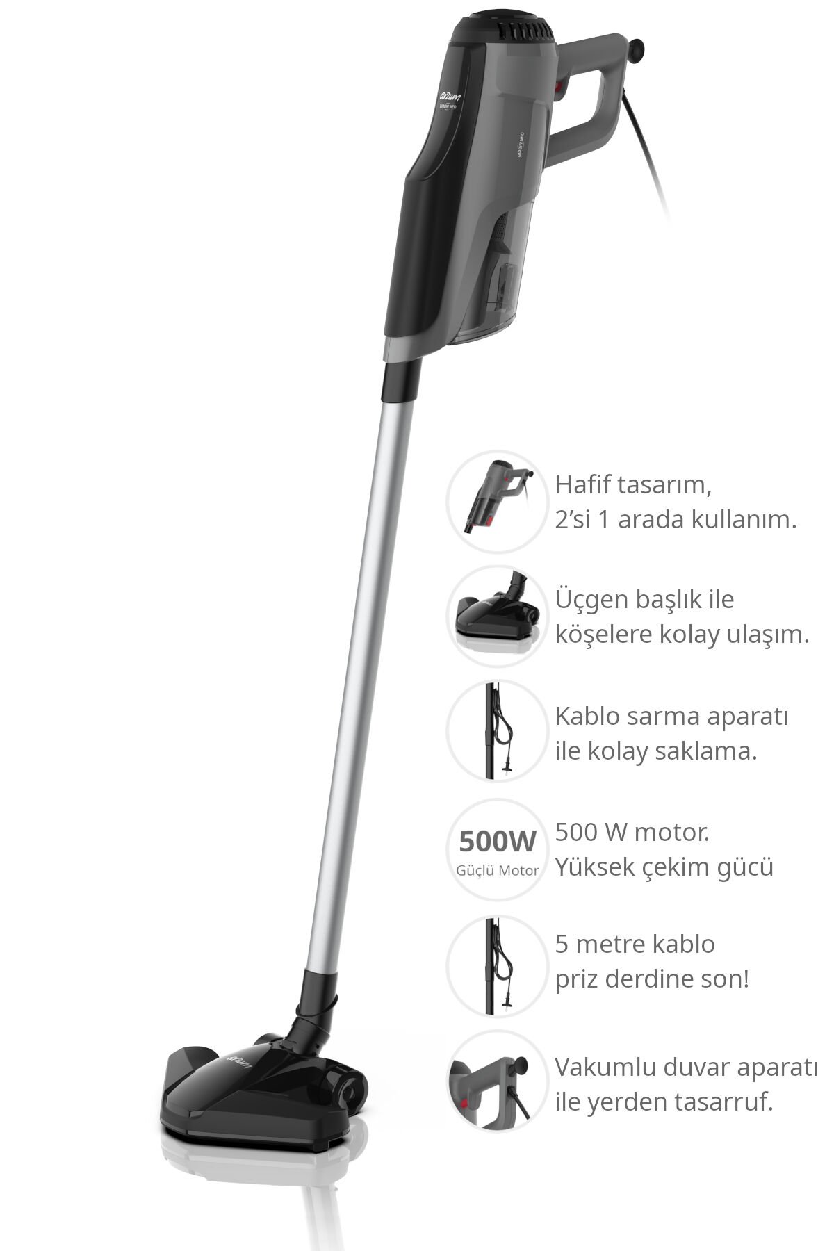 AR4111 Gırgır Neo 2'si 1 Arada Toz Torbasız Dikey Elektrikli Süpürge 1 L Toz haznesi, 500W, Siyah