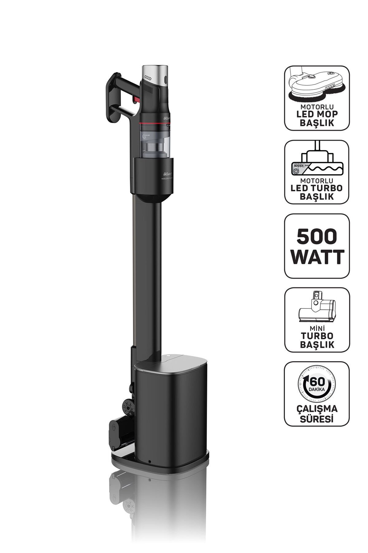 AR4211 MagiClean FlexBin İstasyonlu Dikey Şarjlı Süpürge 500W, BLDC Motor, Siyah