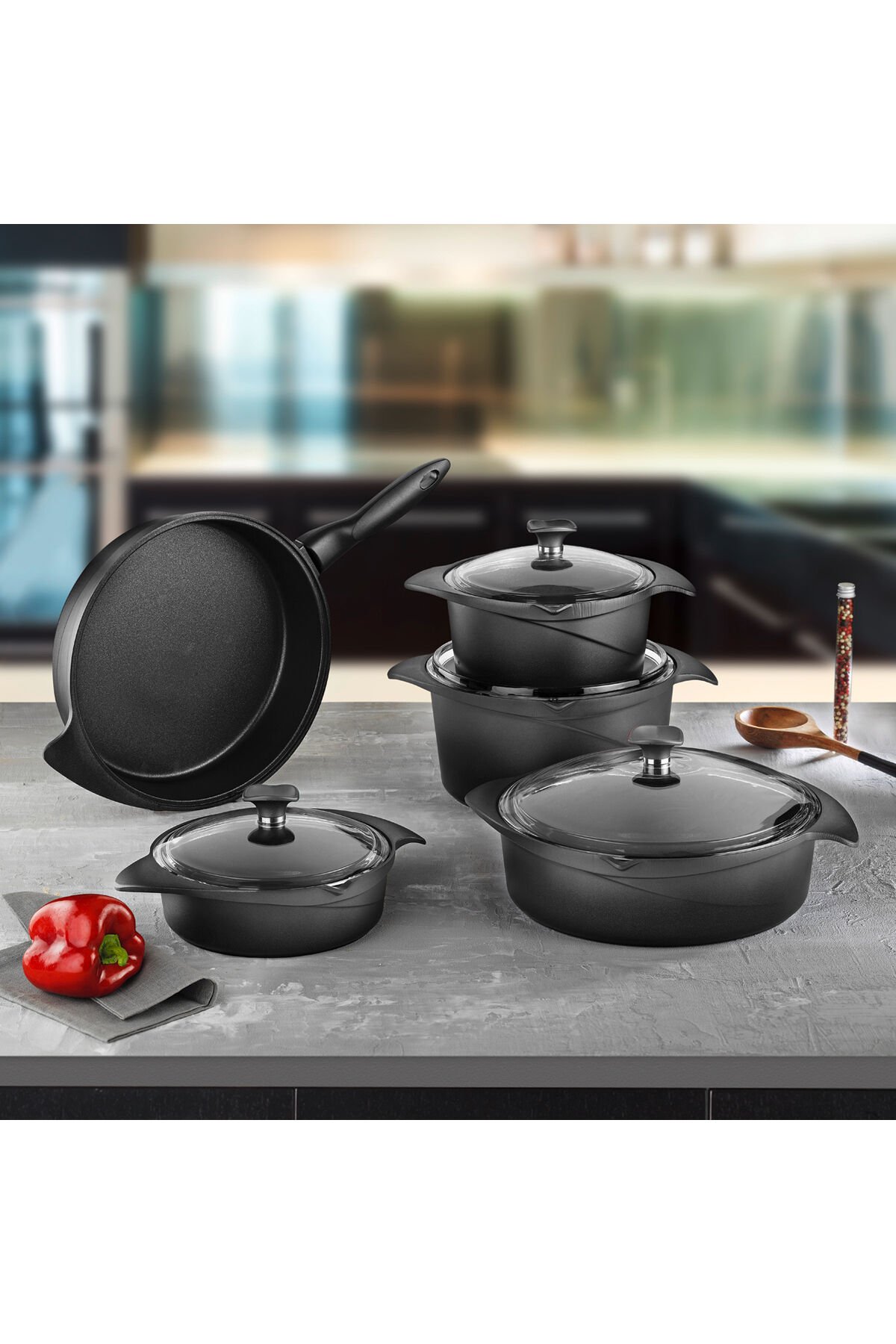 Flipper 9 Parça Siyah Cam Tencere Set