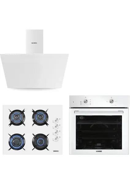 Kumtel Turbo Kristal Beyaz Cam Ankastre Set (DA6-830 Davlumbaz + Ko-40 Tahdf Ocak + B66-SF2 Fırın)