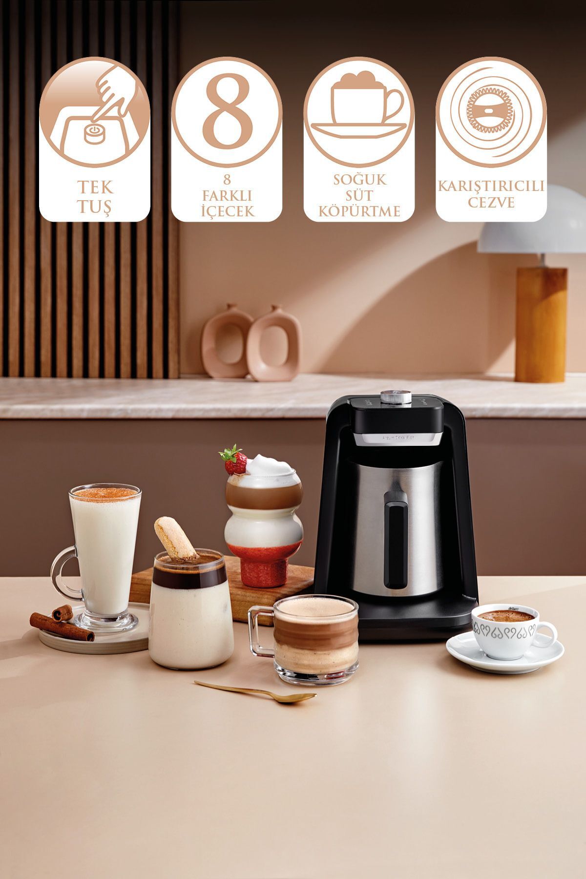 Arzum OK0020-K Okka Rich Spin Pro Çelik Cezveli Közde Sütlü Türk Kahve Makinesi - Krom 5 Fincan