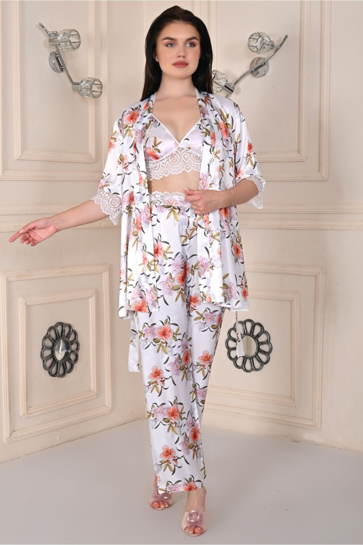 Saten 3'lü Beyaz Gecelik Pijama Takımı