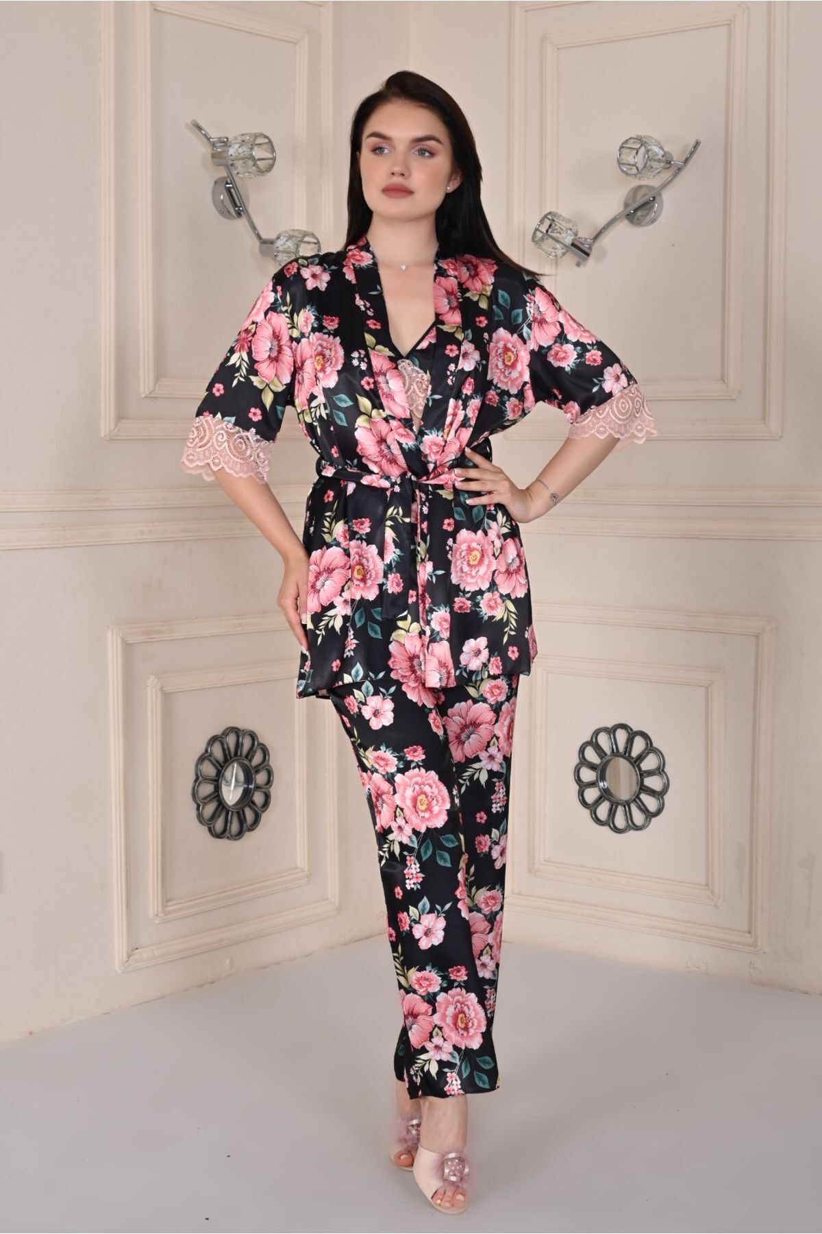 Saten 3'lü Siyah Gecelik Sabahlık Pijama Takımı