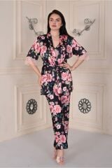 Saten 3'lü Siyah Gecelik Sabahlık Pijama Takımı