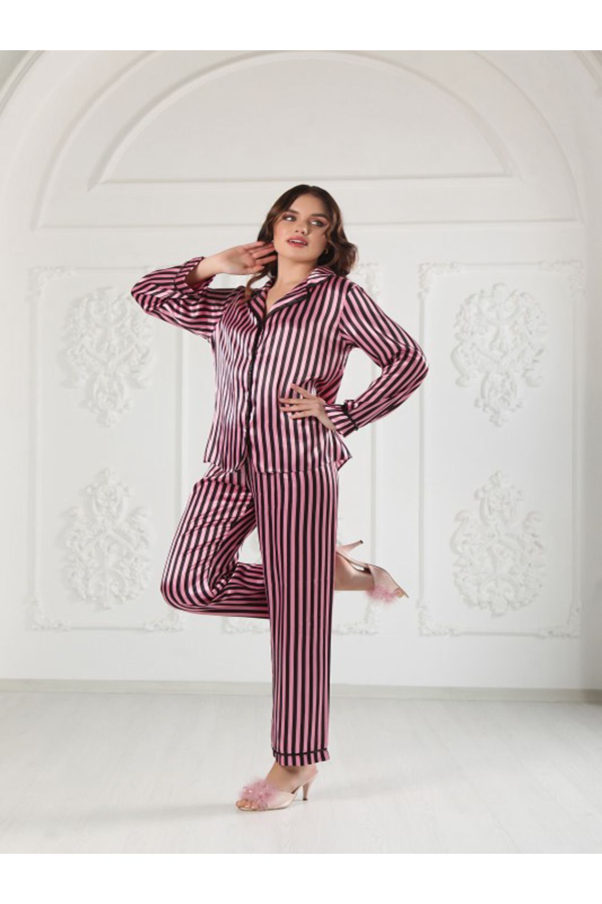 Ikili Saten Gecelik Pijama Takımı