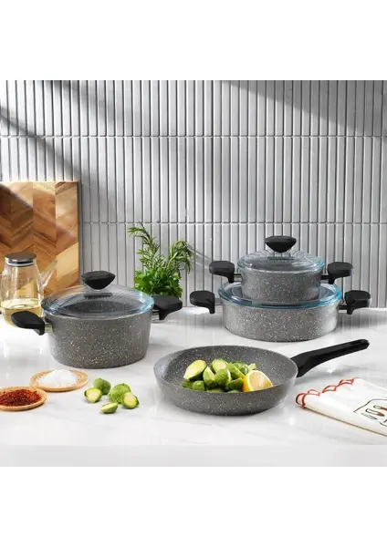 Schafer Etna Yanmaz Yapışmaz Tencere Seti 7 Parça-Gri
