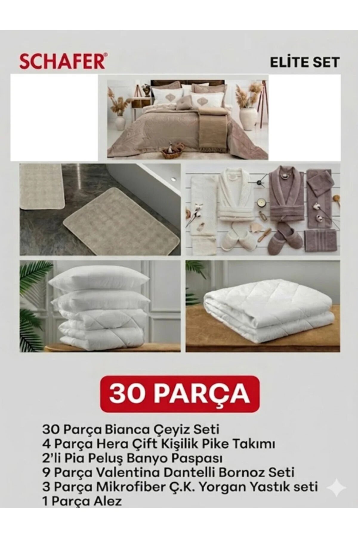 Anna 30 Parça Çeyiz Seti Bornoz Pike Takımı Yorgan Yastık Paspas Alez Seti Ekru Renk