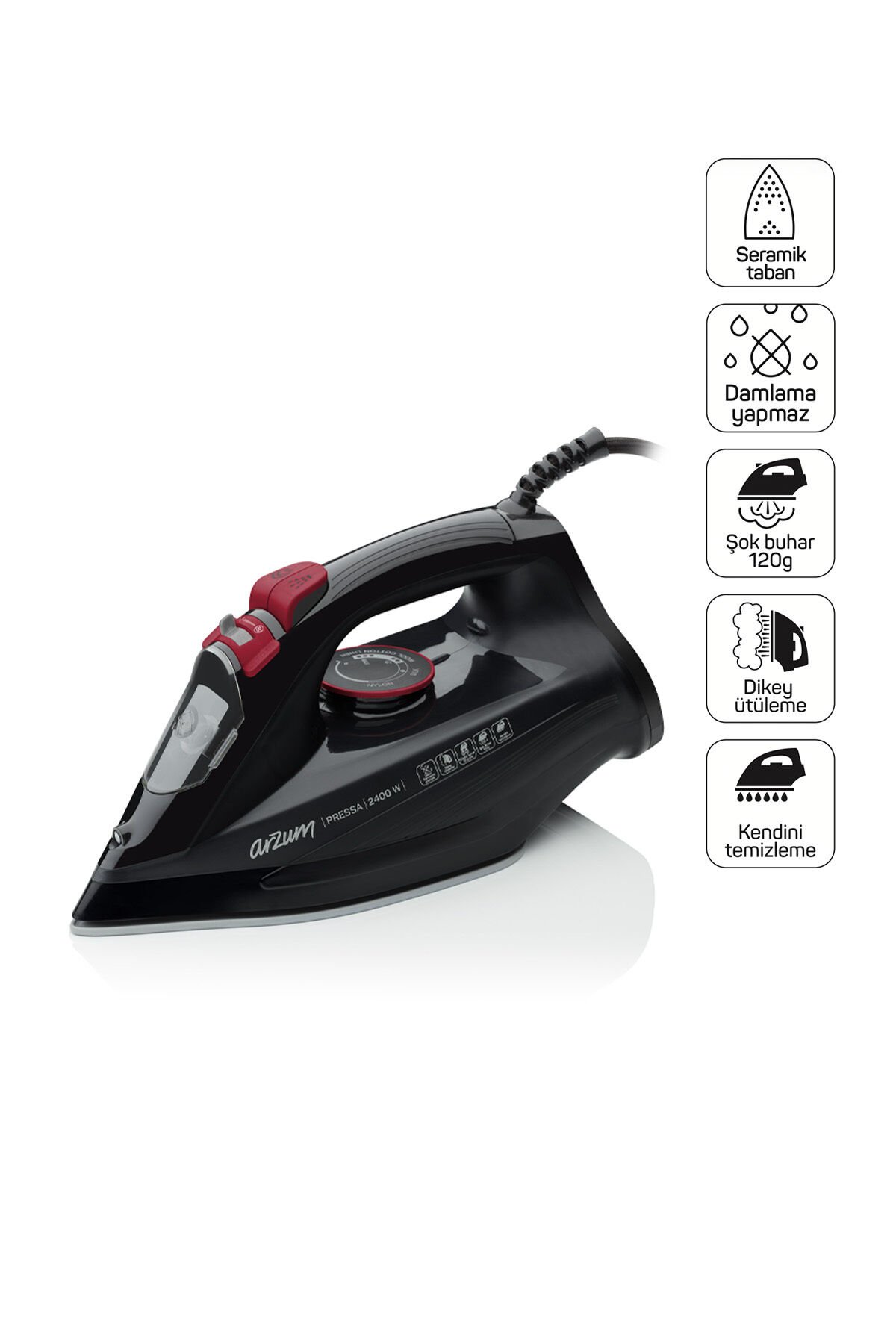 AR6020 Pressa 2400Watt Seramik Taban Buharlı Ütü,Şok Buhar