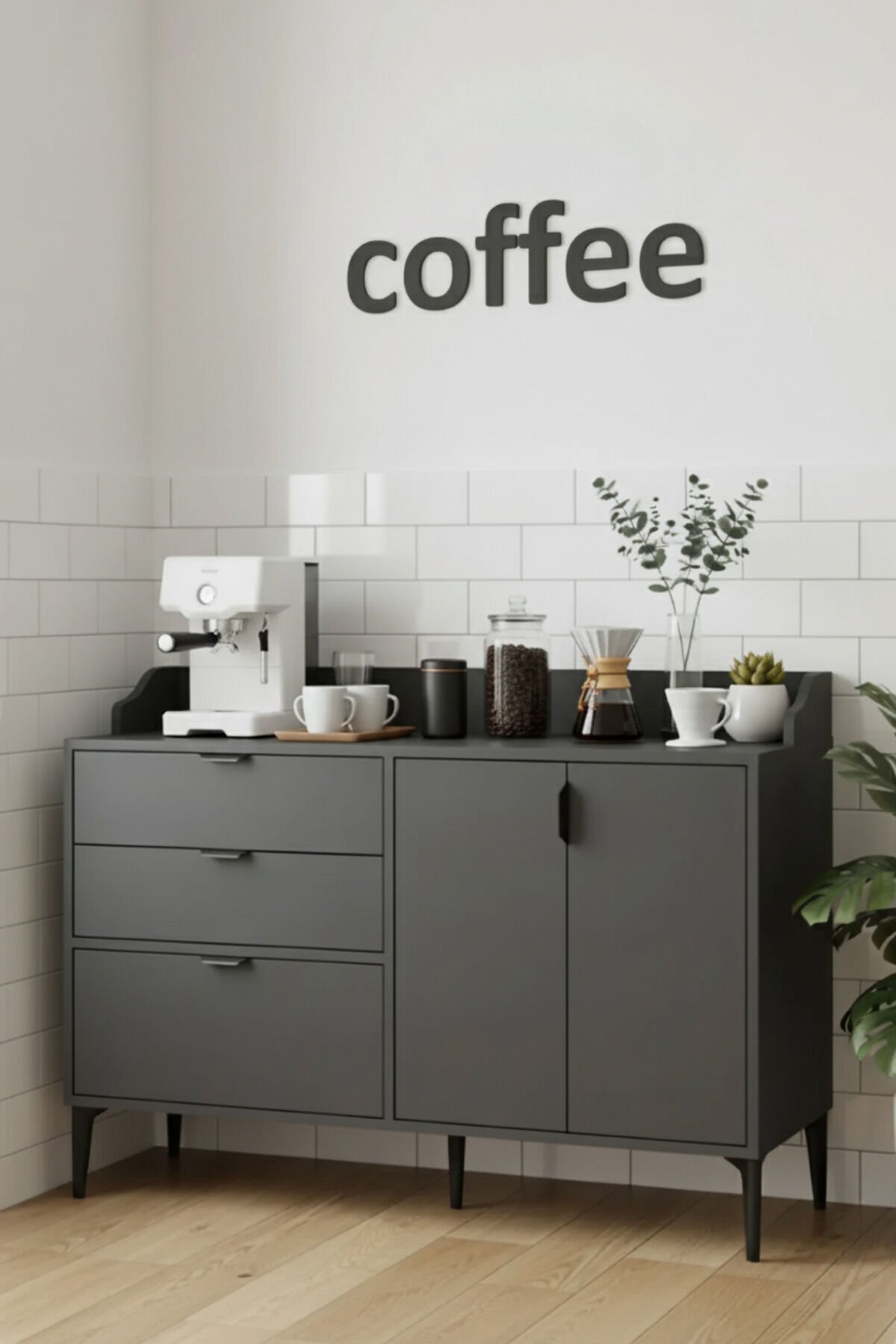 3 Kapaklı 2 Çekmeceli Antrasit Kahve Köşesi Mutfak Konsolu Ekmeklik Dolap 128 cm