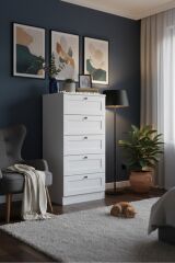 5 Çekmeceli Şifonyer Çok Amaçlı Çamaşırlık Ve Yatak Odası Dolabı Beyaz