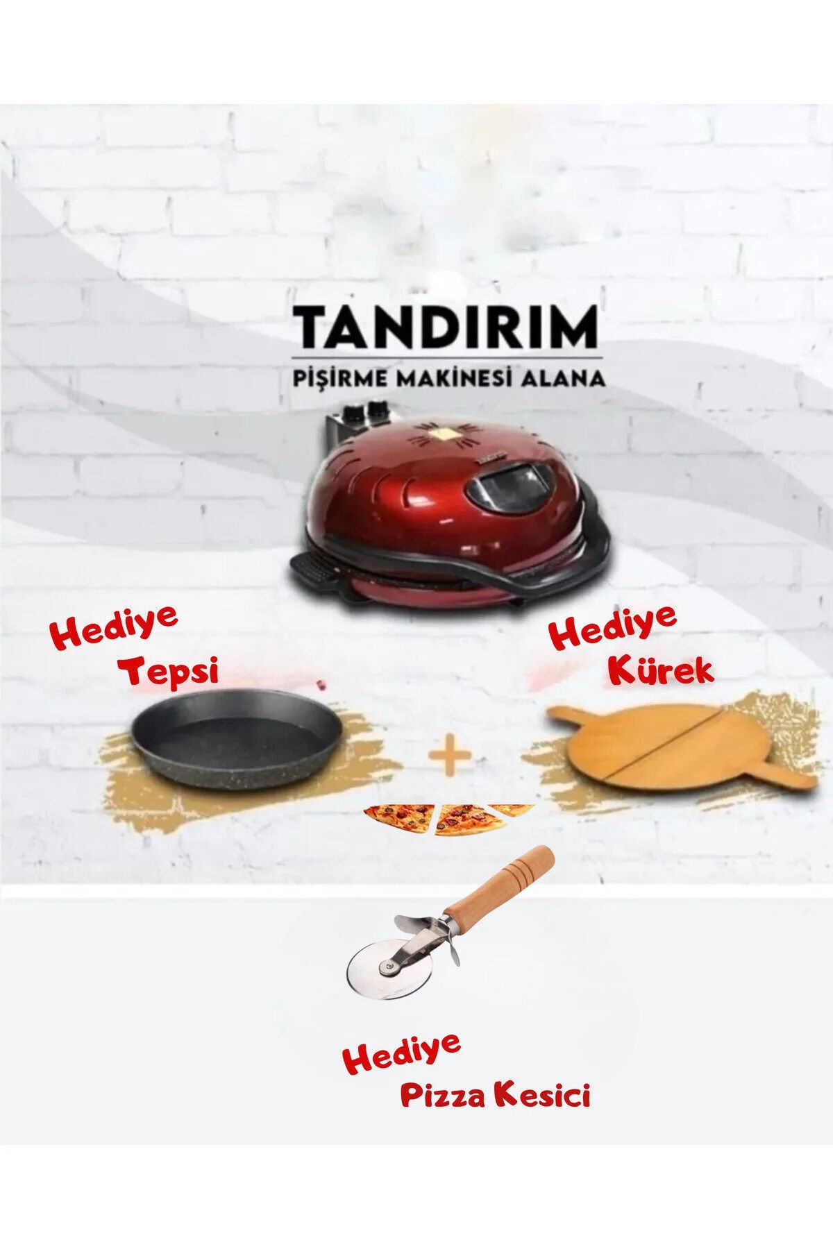 1500W Bordo Ekmek & Pizza Pişirme Makinesi (Pizza Kesici + Kürek + Tepsi Hediyeli)