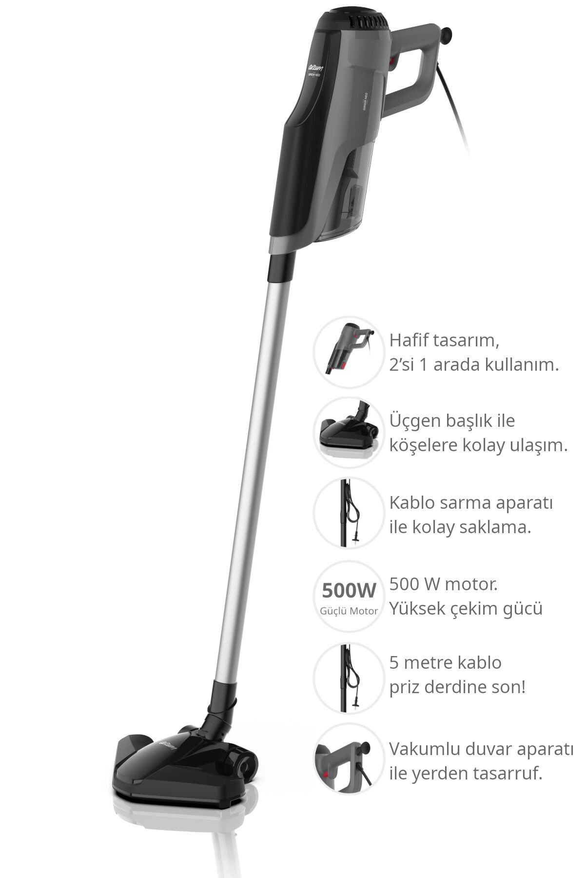 AR4111 Gırgır Neo 2'si 1 Arada Toz Torbasız Dikey Elektrikli Süpürge 1 L Toz haznesi, 500W, Siyah