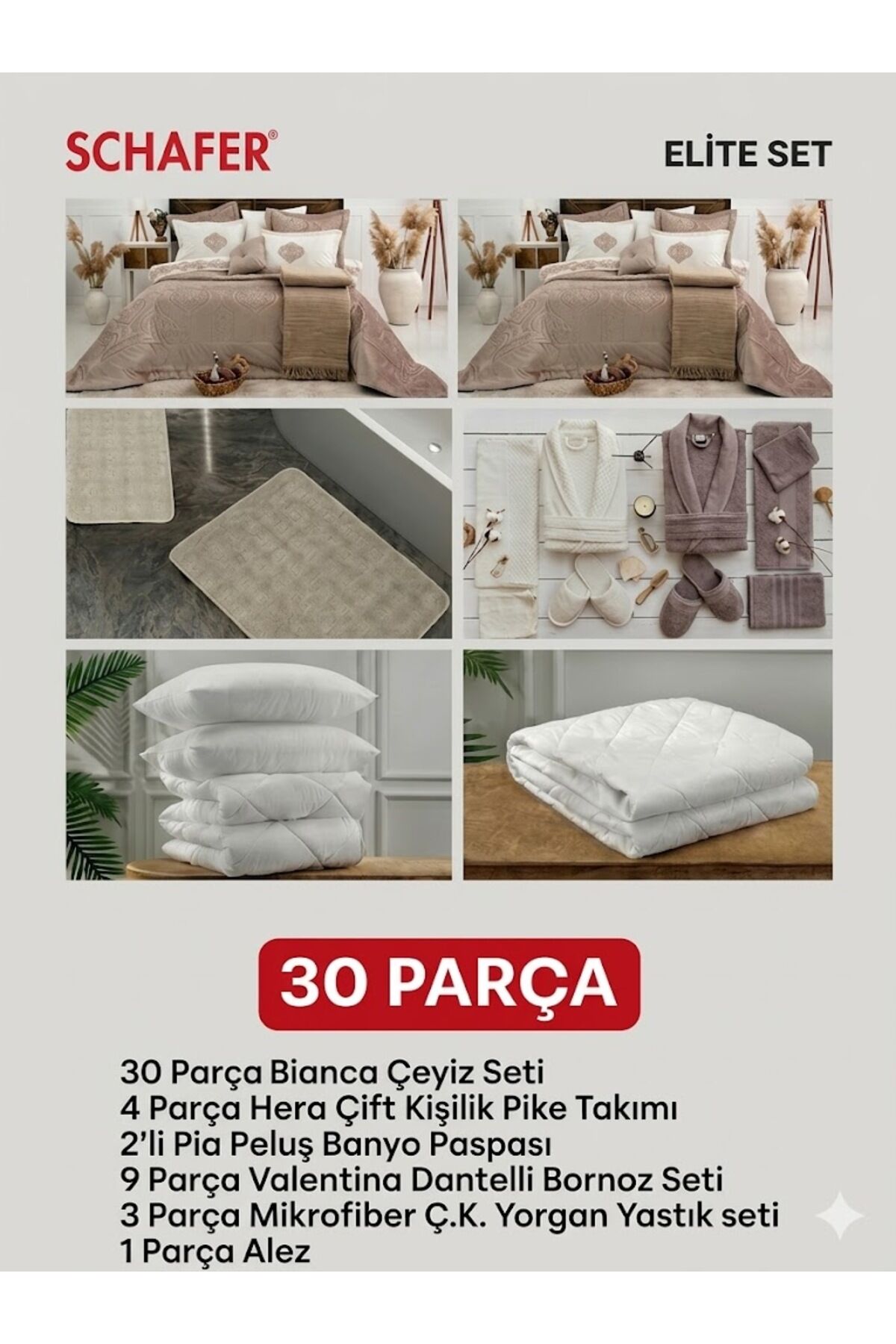 Anna 30 Parça Çeyiz Seti Bornoz Pike Takımı Yorgan Yastık Paspas Ve Alez Seti Cappucino